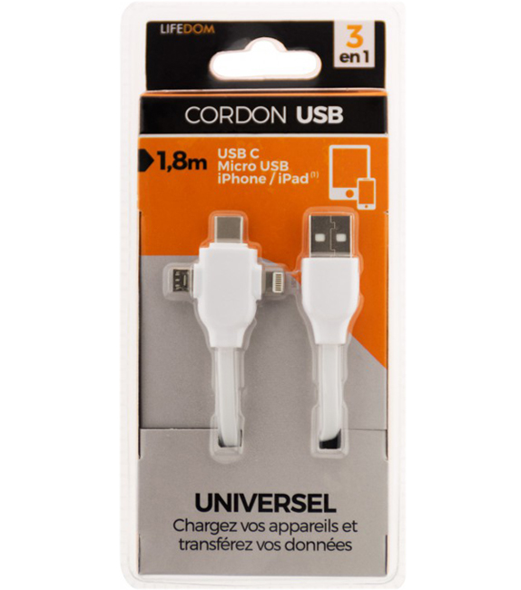 CORDON USB UNIVERSEL USB C - MICRO USB - Iphone Ipad